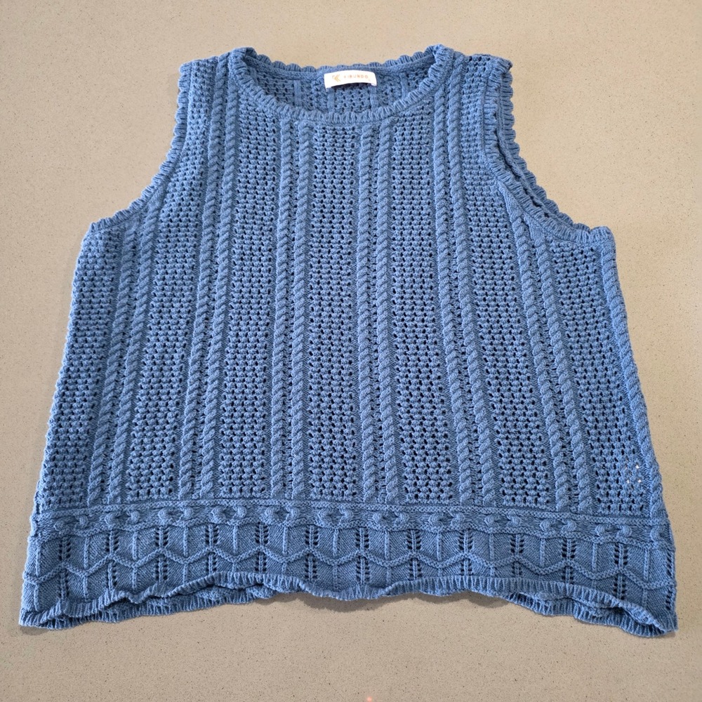 Kirundo Blue‎ Crochet Cable Knit Sweater Vest Sleeveless Crew Neck Top Large
